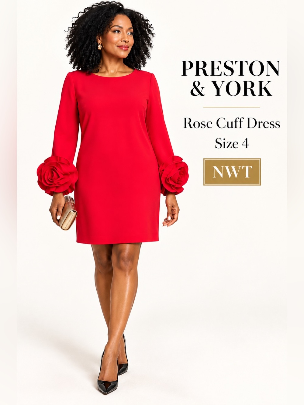 NWT Preston & York Cherry Red | Rose Cuff | Shift Dress Size 4